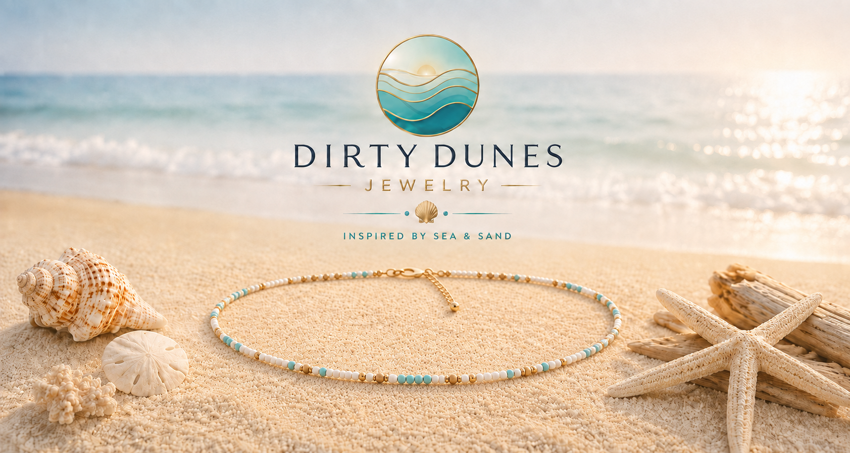 Dirty Dunes Jewelry necklace displayed on a beach